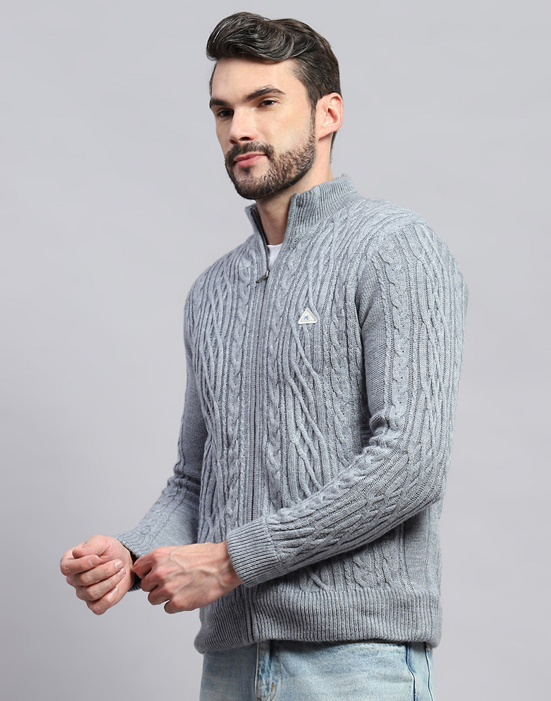 Men Grey Self Design Turtle Neck Full Sleeve Jacket