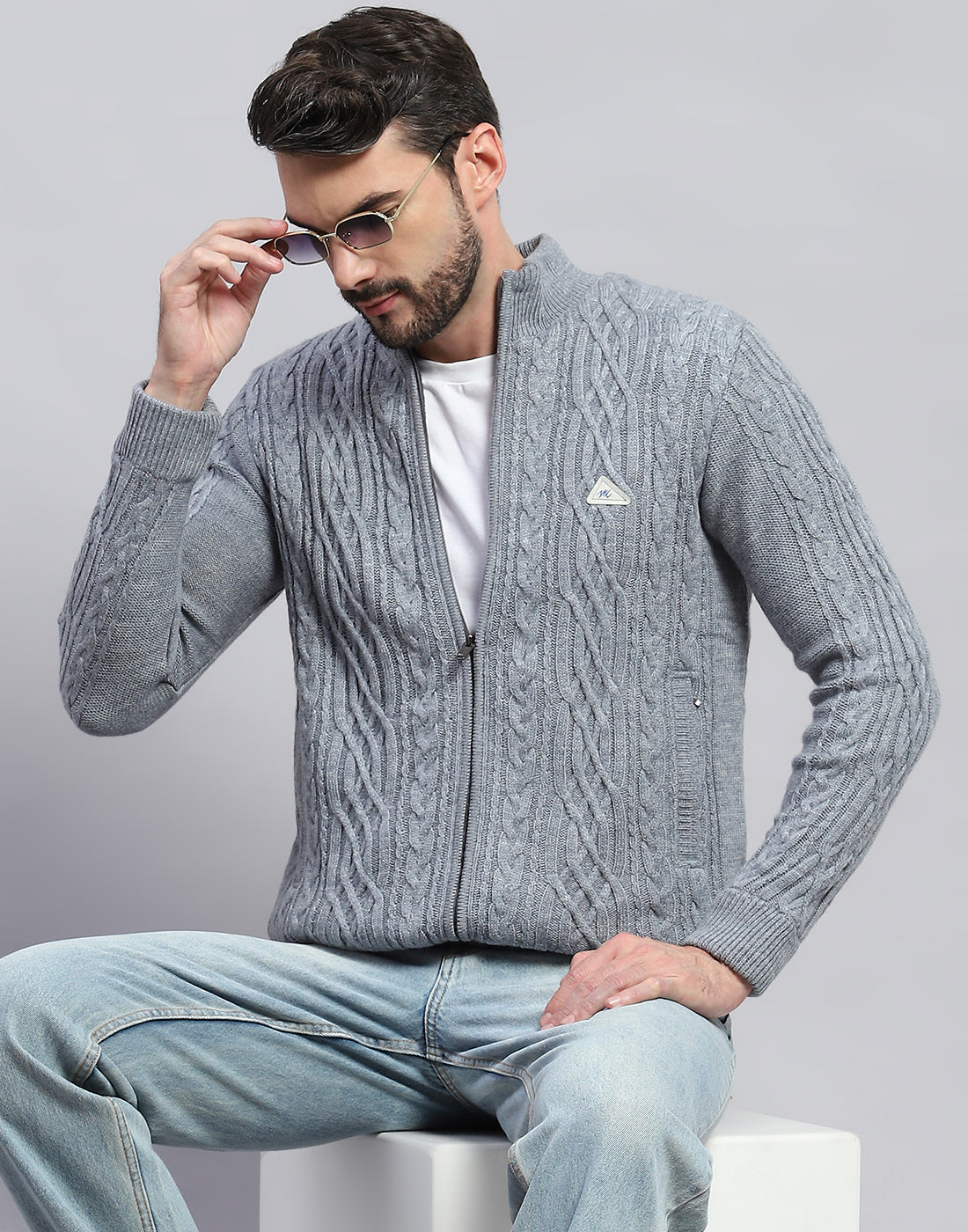 Men Grey Self Design Turtle Neck Full Sleeve Jacket