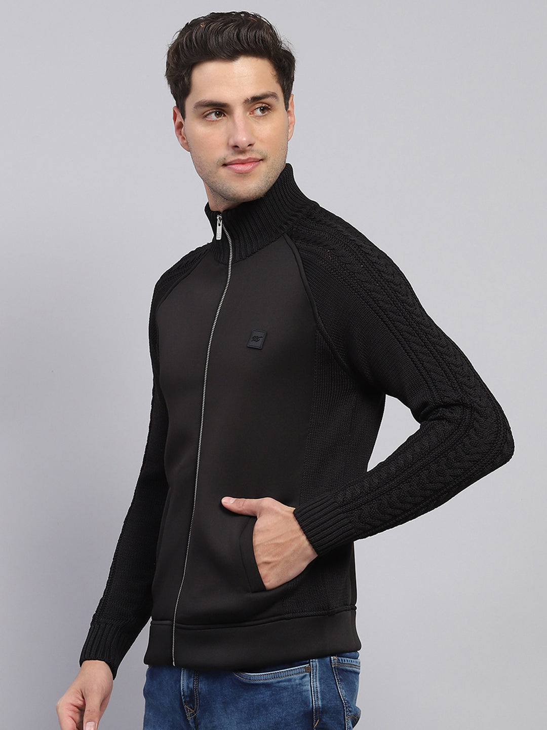 Men Black Self Design Mock Neck Full Sleeve Pullover