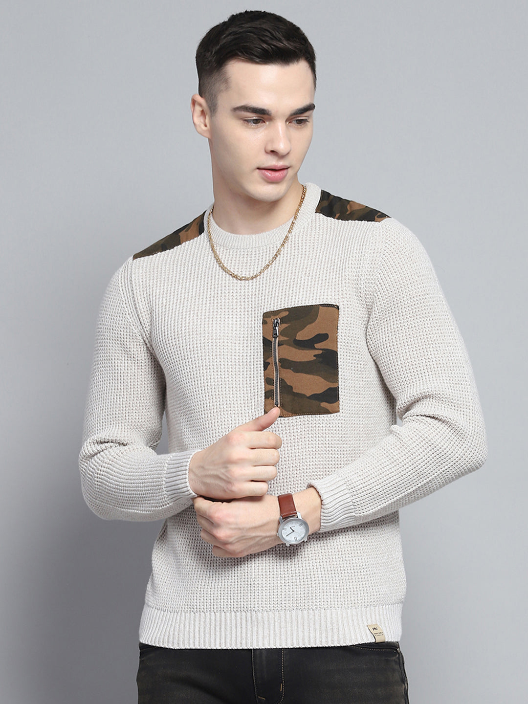 Men Beige Self Design Round Neck Full Sleeve Pullover