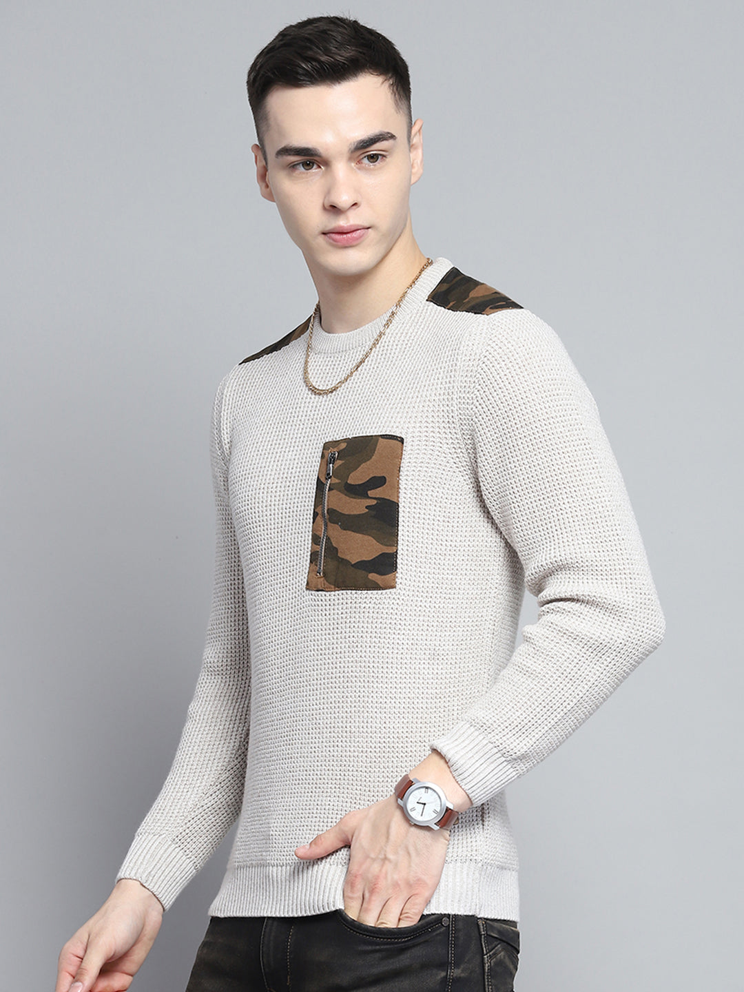 Men Beige Self Design Round Neck Full Sleeve Pullover