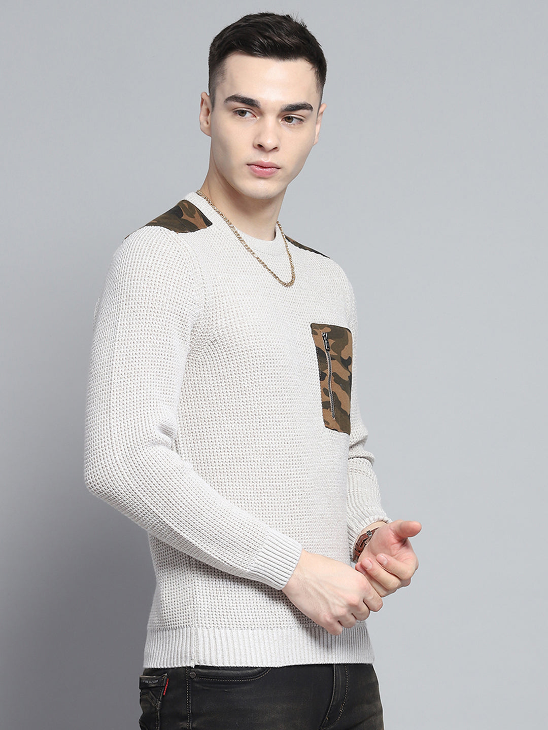 Men Beige Self Design Round Neck Full Sleeve Pullover