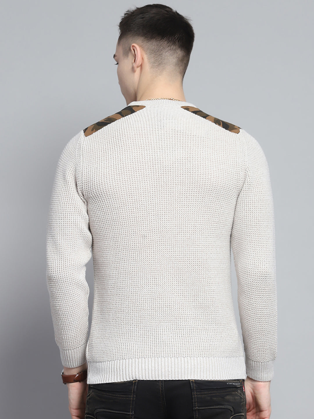 Men Beige Self Design Round Neck Full Sleeve Pullover