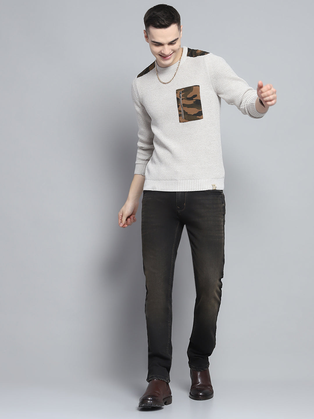 Men Beige Self Design Round Neck Full Sleeve Pullover