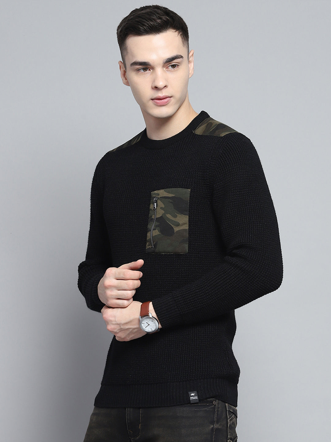 Men Black Self Design Round Neck Full Sleeve Pullover