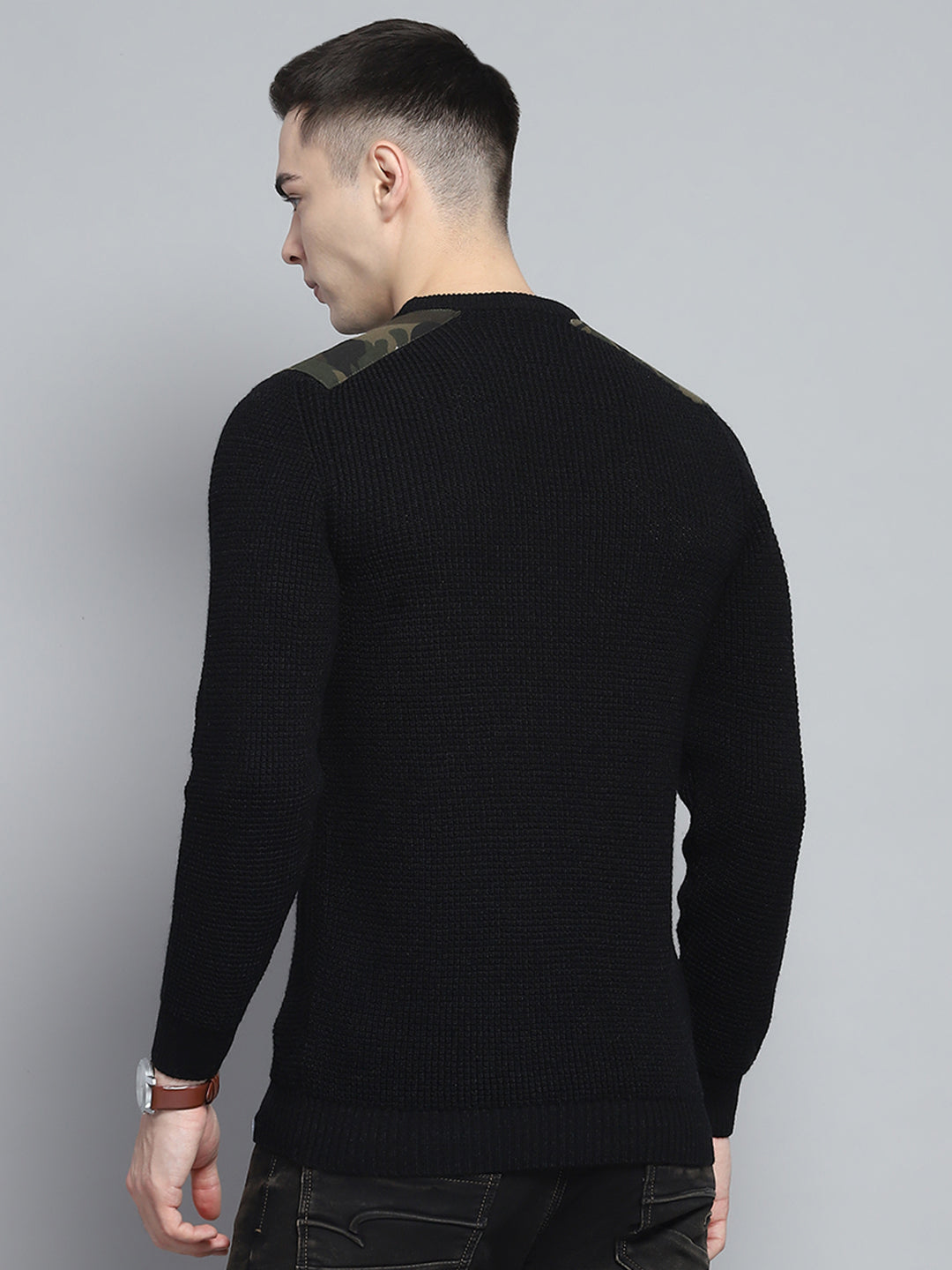 Men Black Self Design Round Neck Full Sleeve Pullover