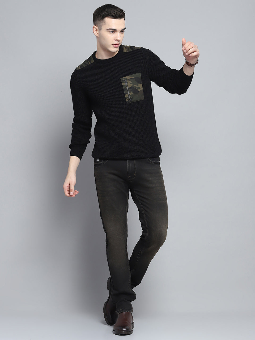 Men Black Self Design Round Neck Full Sleeve Pullover