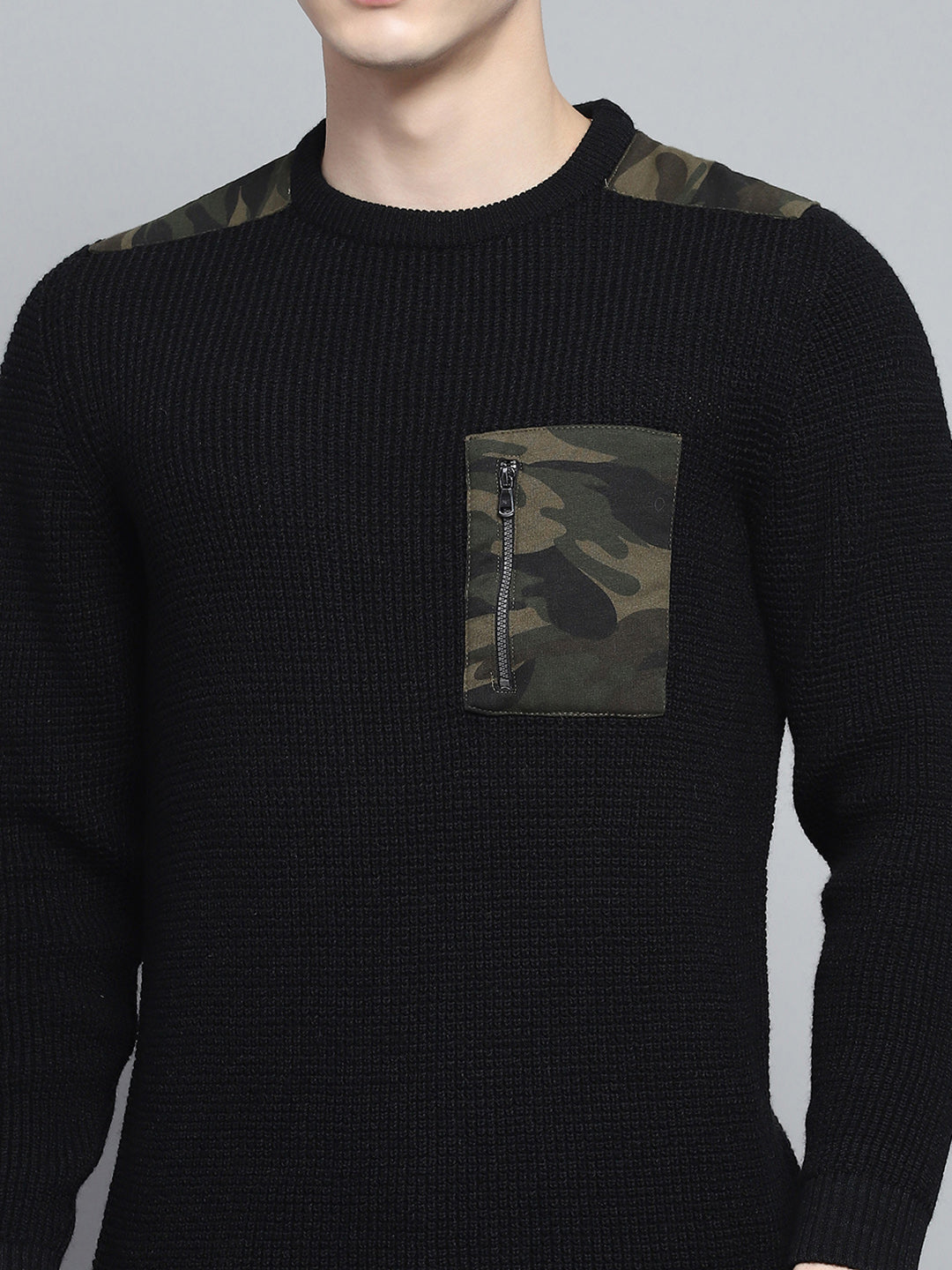 Men Black Self Design Round Neck Full Sleeve Pullover