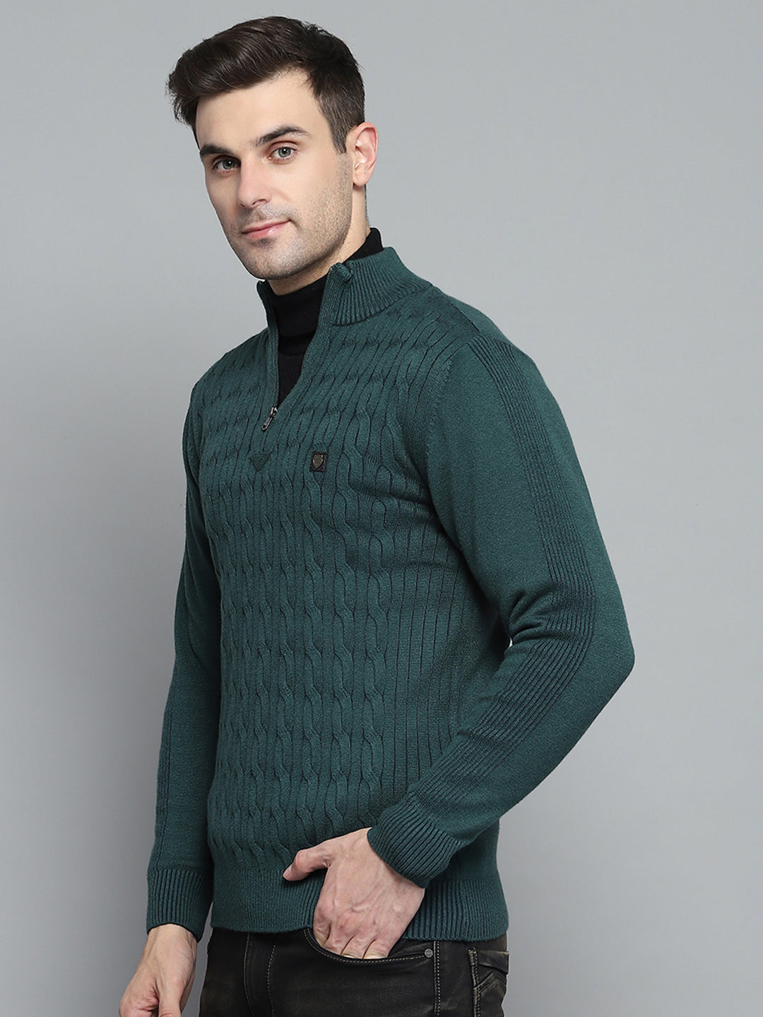 Men Green Self Design Mock Neck Full Sleeve Pullover