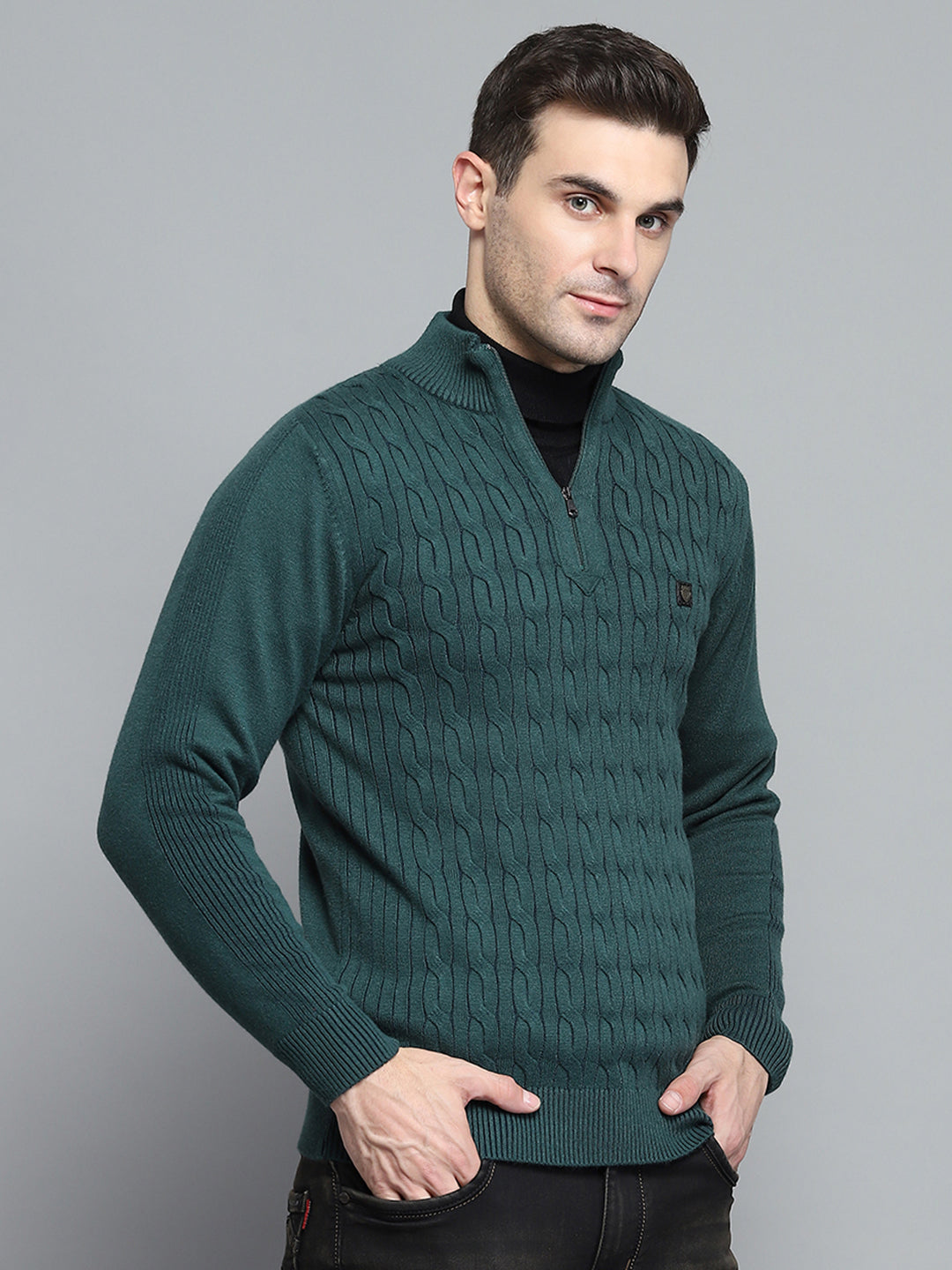 Men Green Self Design Mock Neck Full Sleeve Pullover