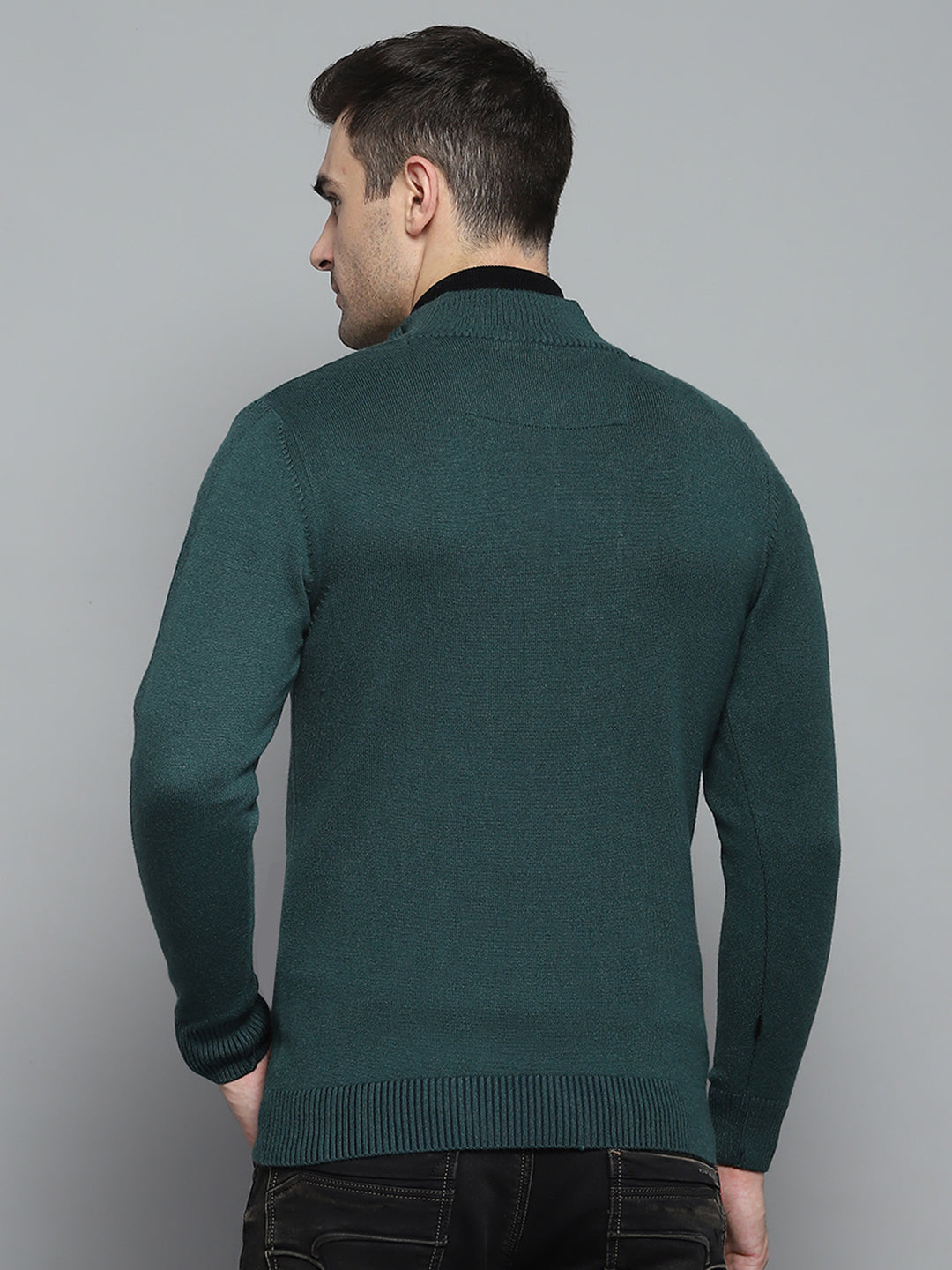 Men Green Self Design Mock Neck Full Sleeve Pullover