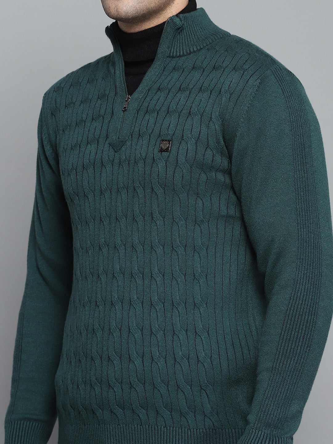 Men Green Self Design Mock Neck Full Sleeve Pullover