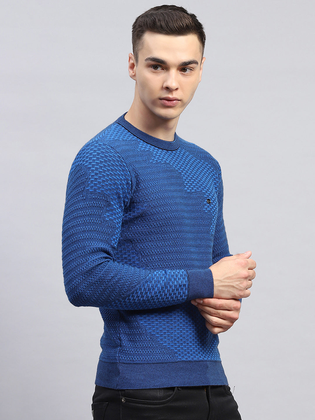 Men Blue Self Design Round Neck Full Sleeve Pullover