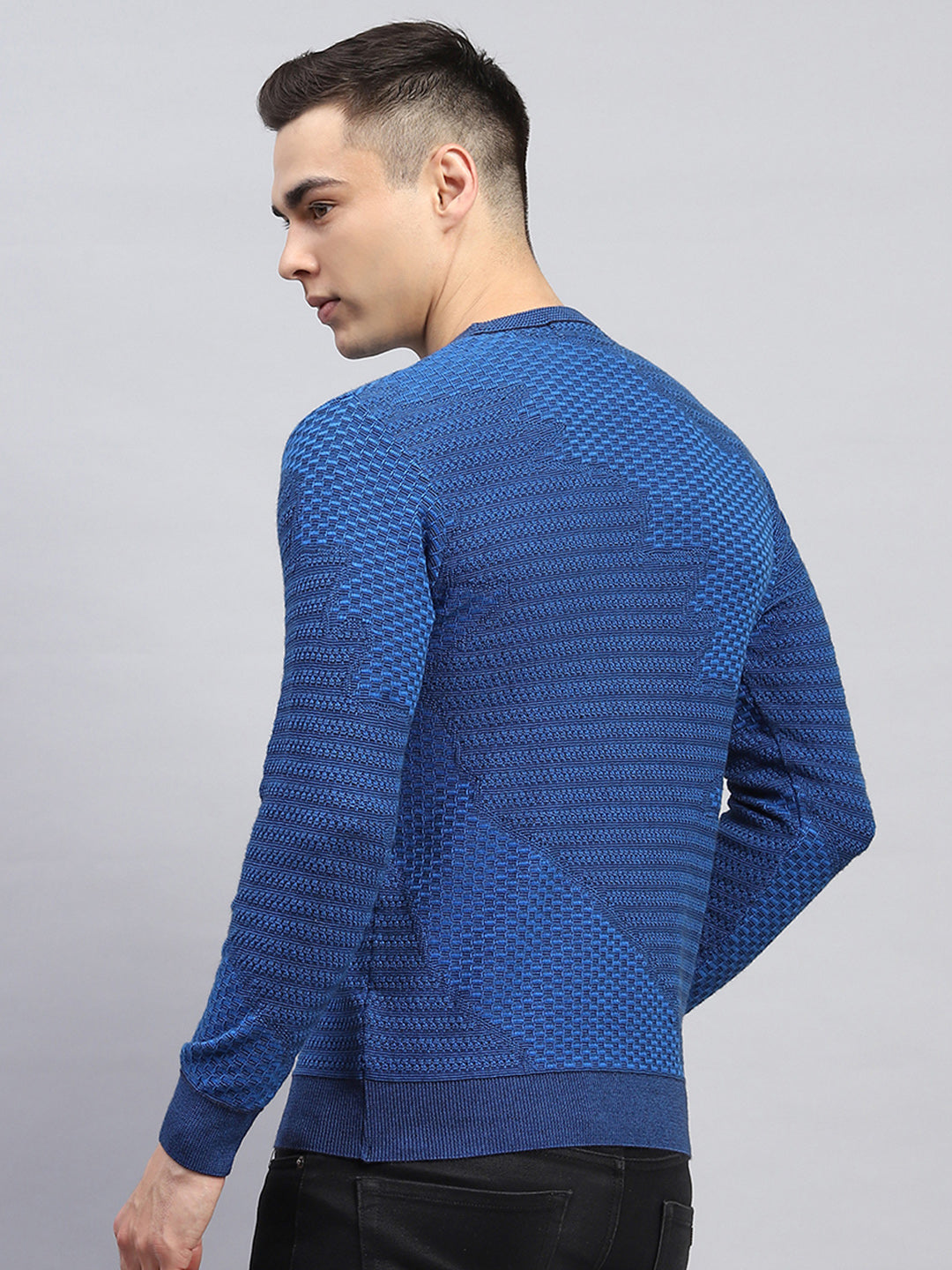 Men Blue Self Design Round Neck Full Sleeve Pullover