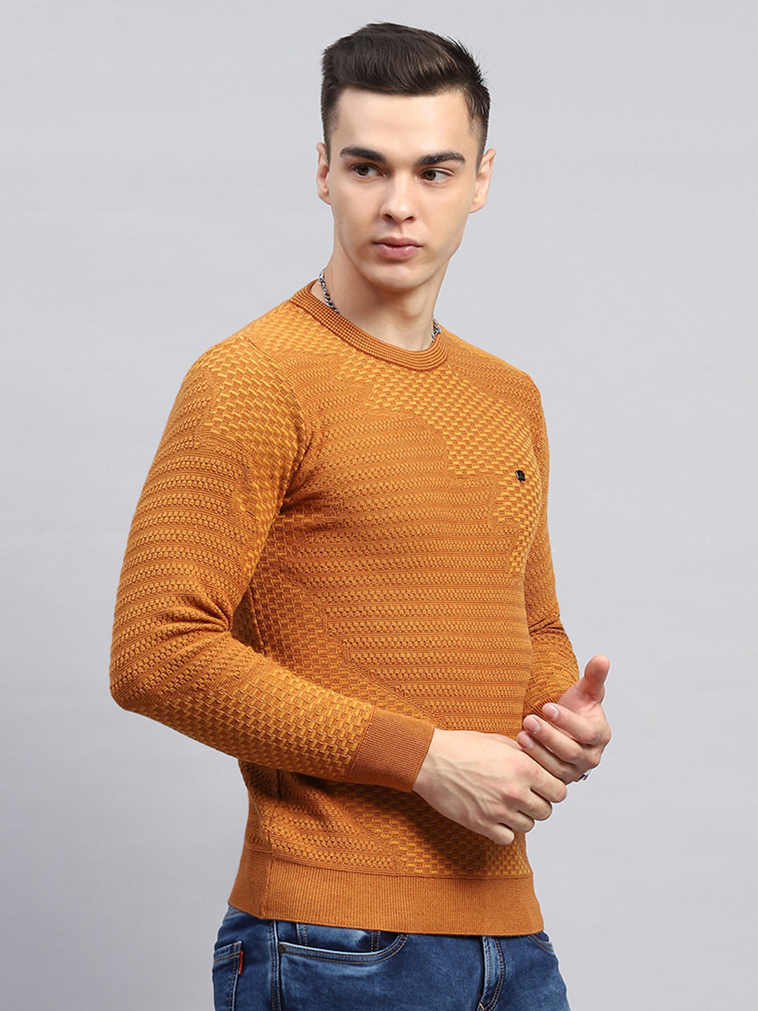 Men Rust Self Design Round Neck Full Sleeve Pullover