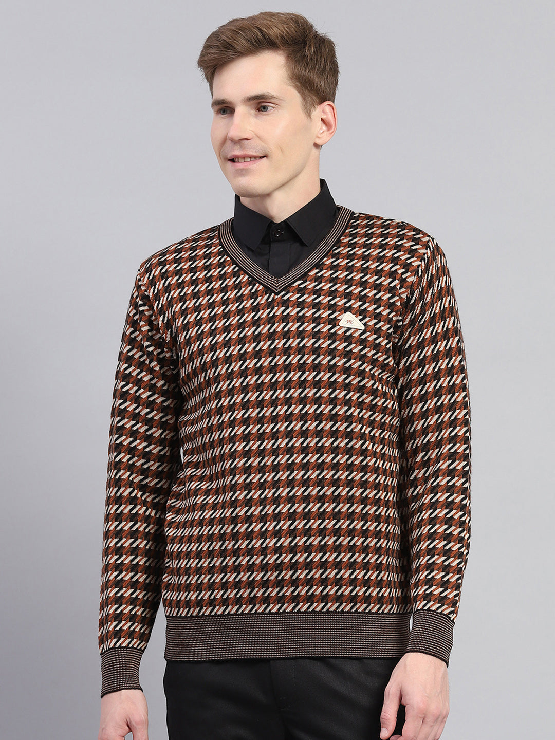 Men Brown Stripe V Neck Full Sleeve Pullover