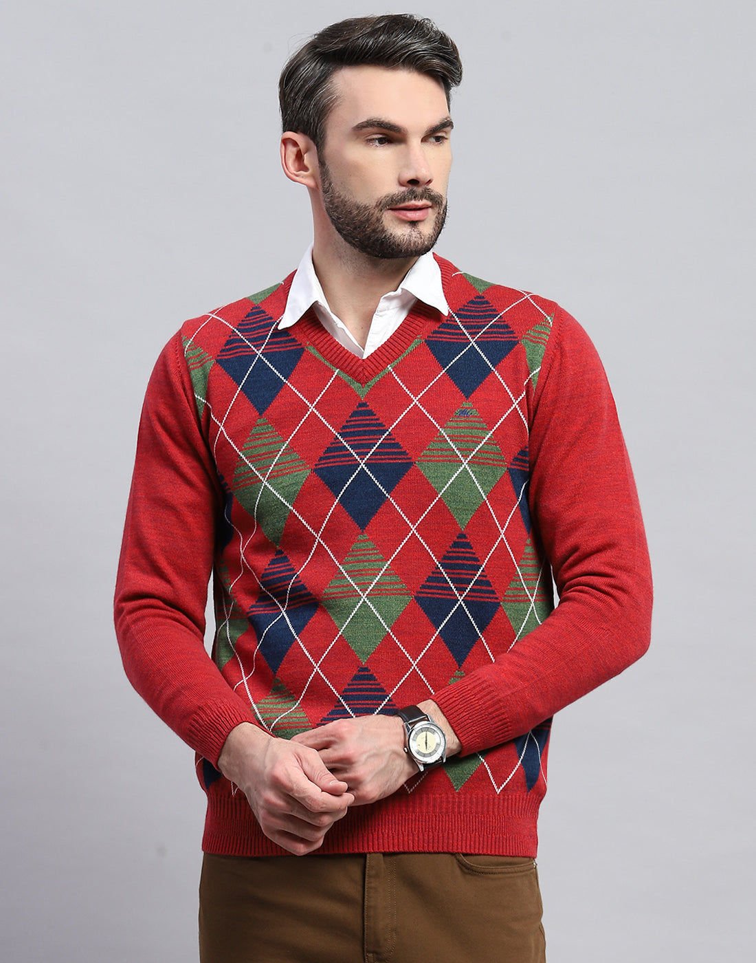 Men Red Geometric V Neck Full Sleeve Pullover