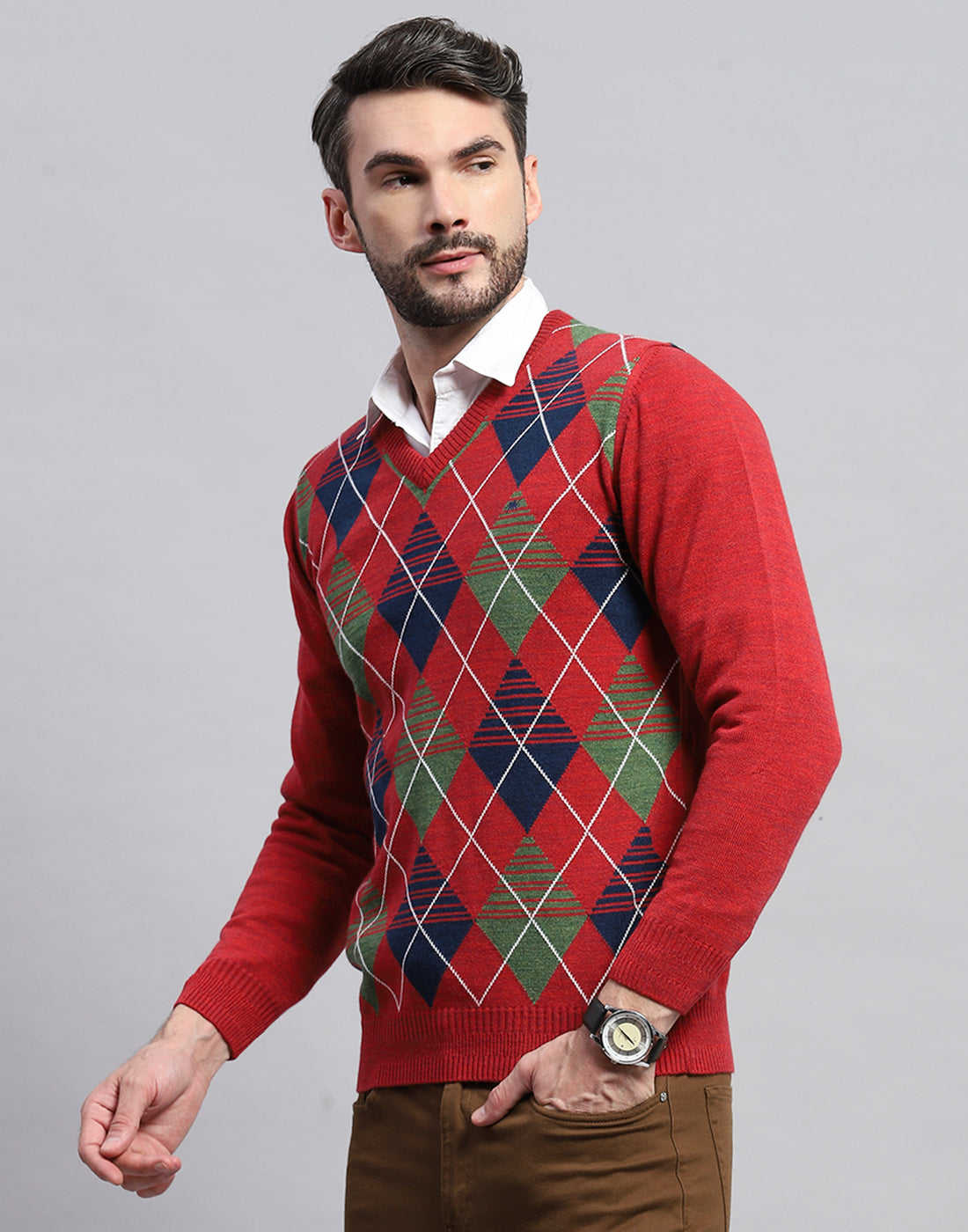 Men Red Geometric V Neck Full Sleeve Pullover