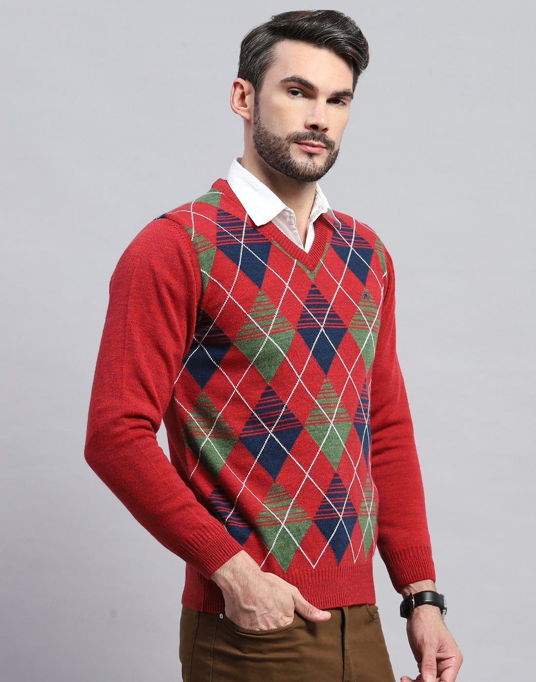 Men Red Geometric V Neck Full Sleeve Pullover