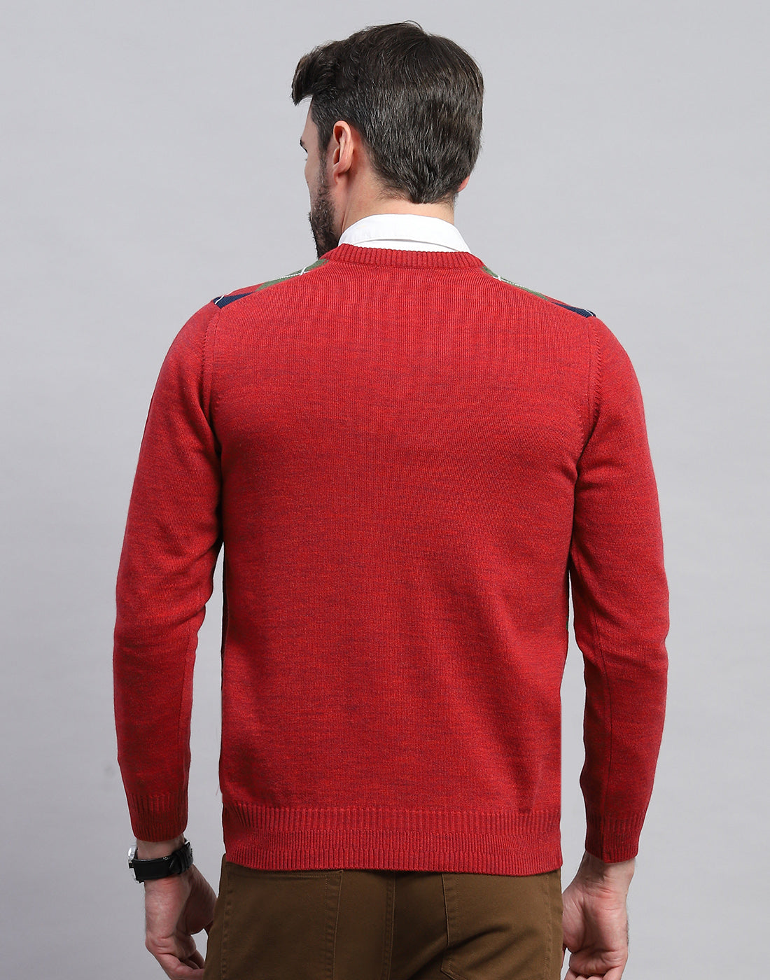 Men Red Geometric V Neck Full Sleeve Pullover