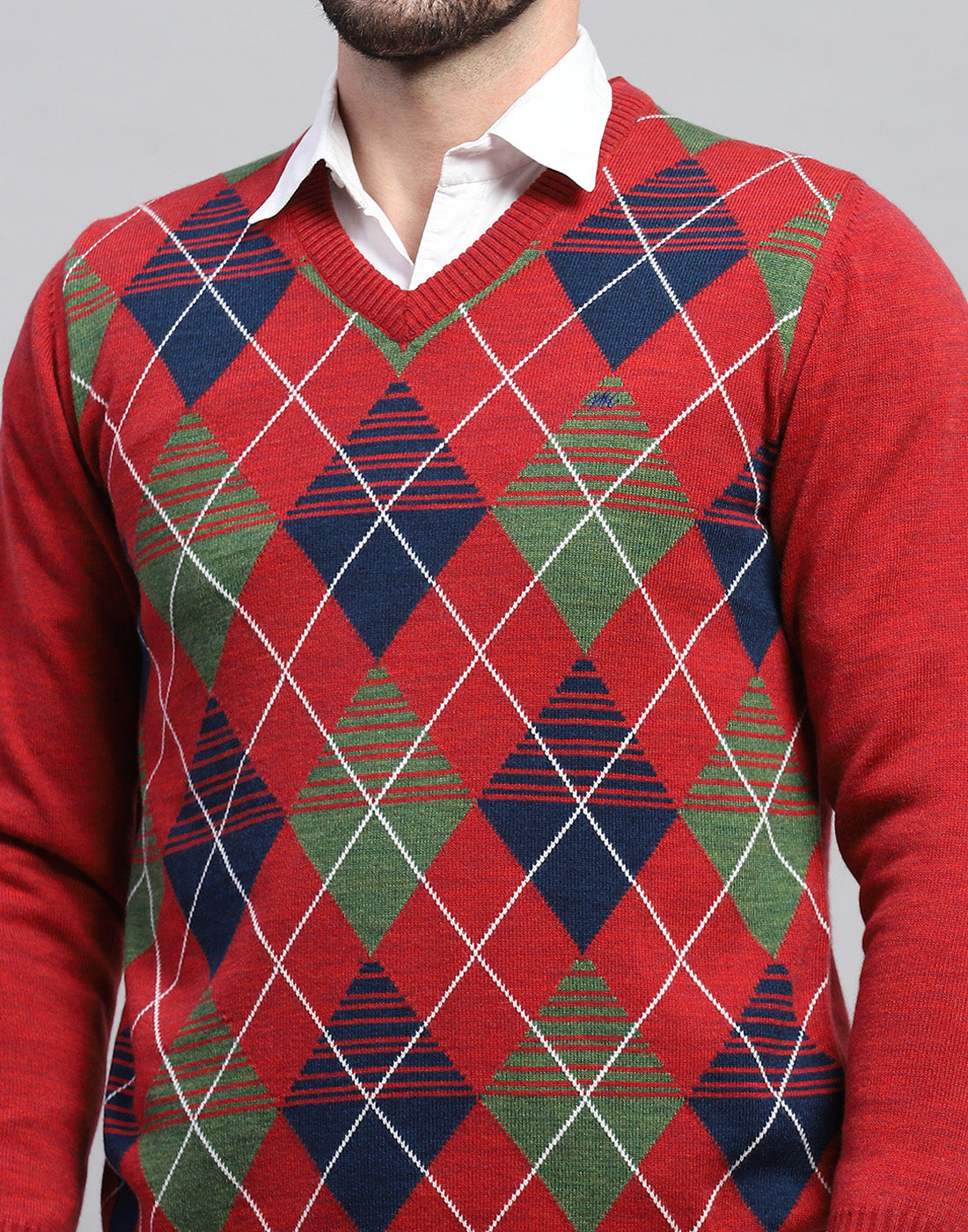 Men Red Geometric V Neck Full Sleeve Pullover