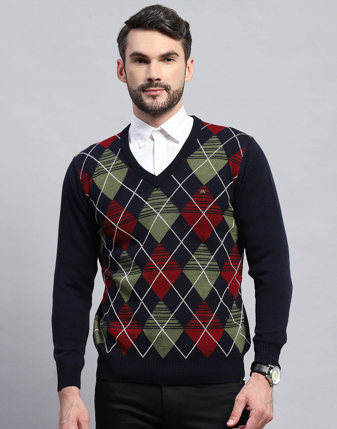 Men Navy Blue Geometric V Neck Full Sleeve Pullover