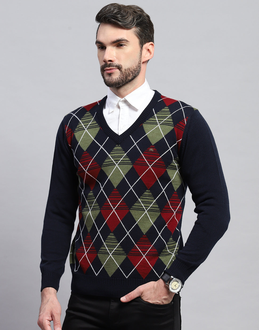 Men Navy Blue Geometric V Neck Full Sleeve Pullover