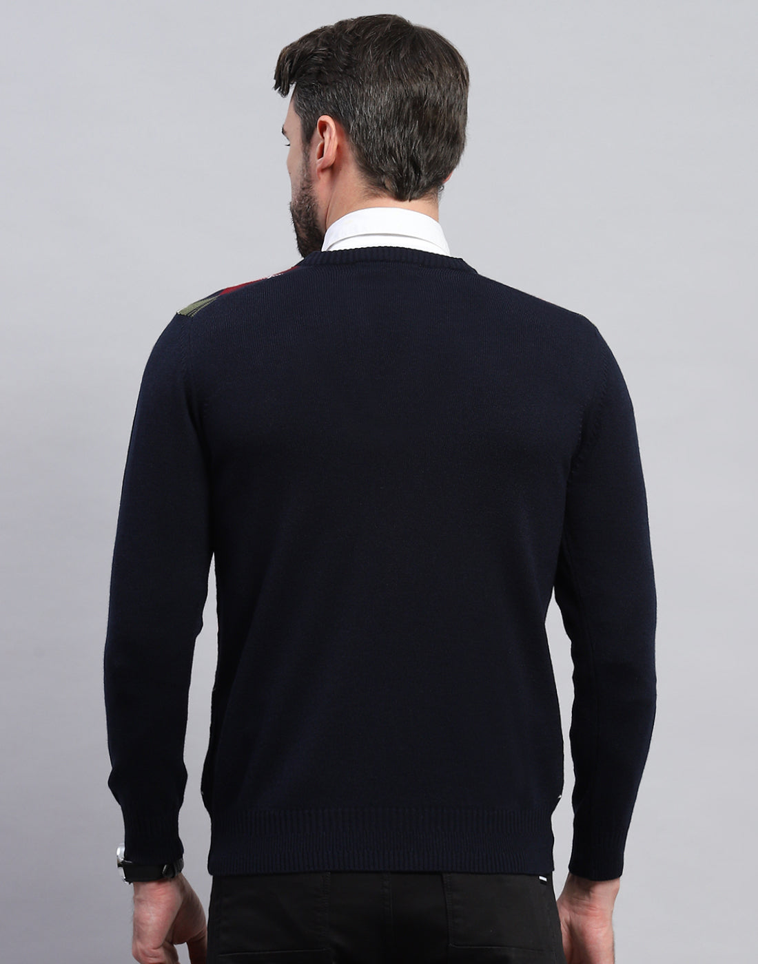 Men Navy Blue Geometric V Neck Full Sleeve Pullover