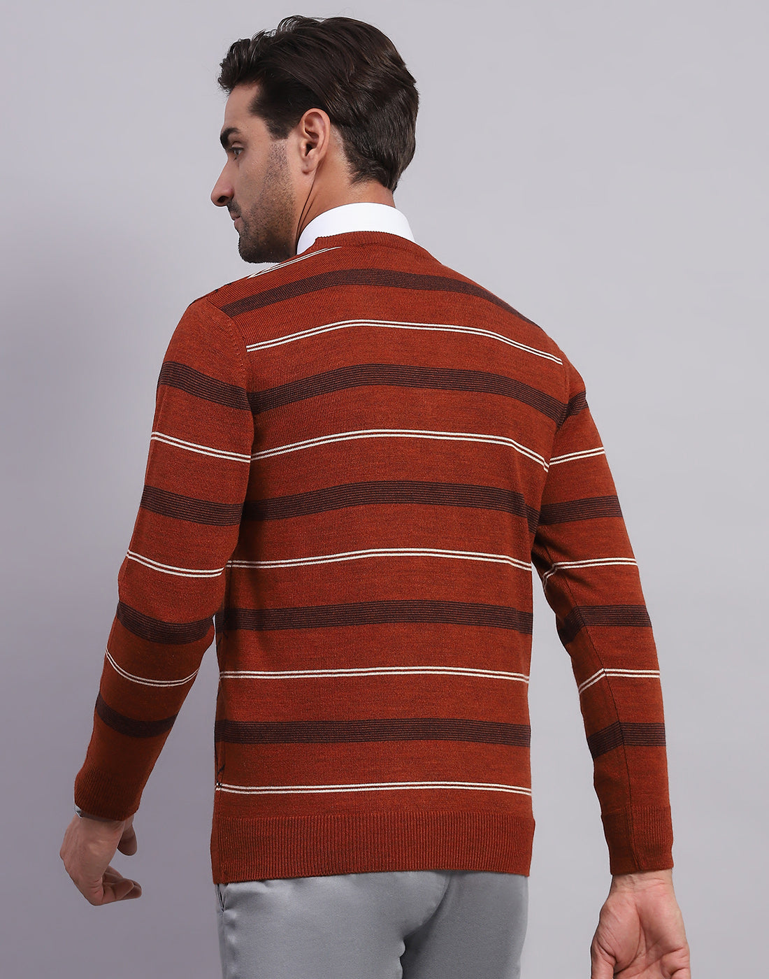 Men Rust Self Design V Neck Full Sleeve Pullover