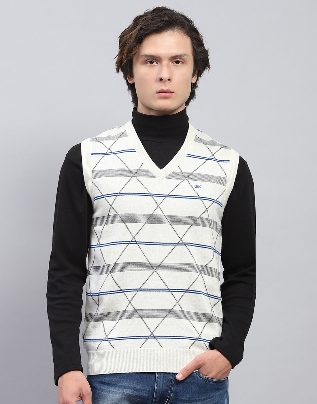 Men Off White Self Design V Neck Sleeveless Sweater