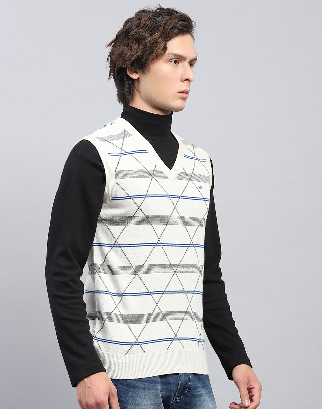 Men Off White Self Design V Neck Sleeveless Sweater