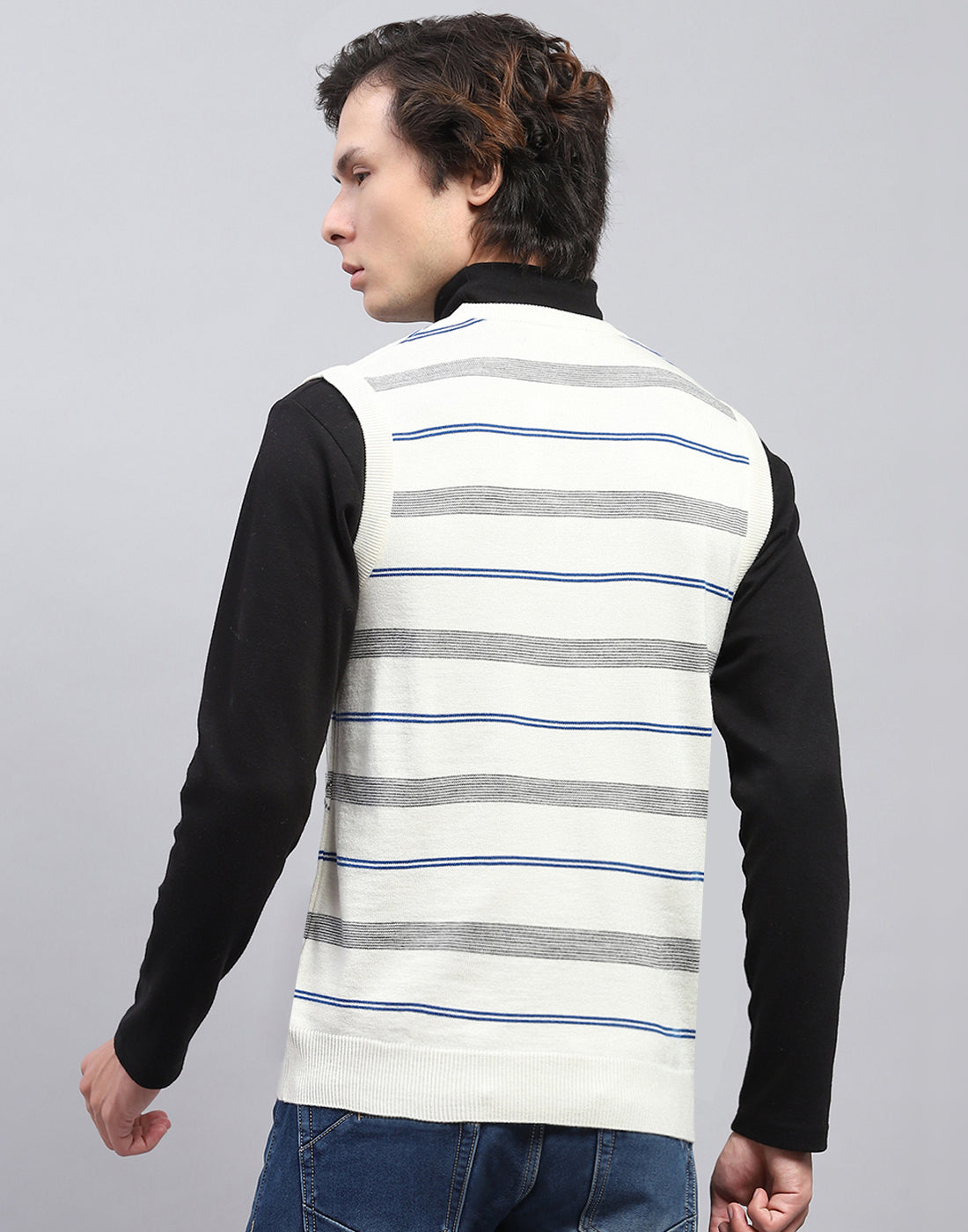 Men Off White Self Design V Neck Sleeveless Sweater