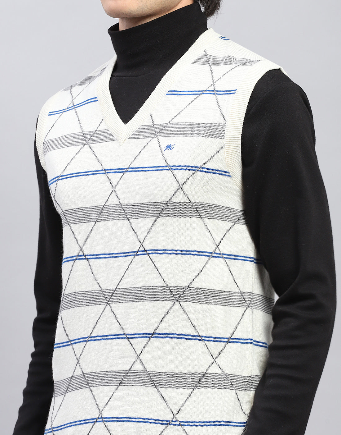 Men Off White Self Design V Neck Sleeveless Sweater