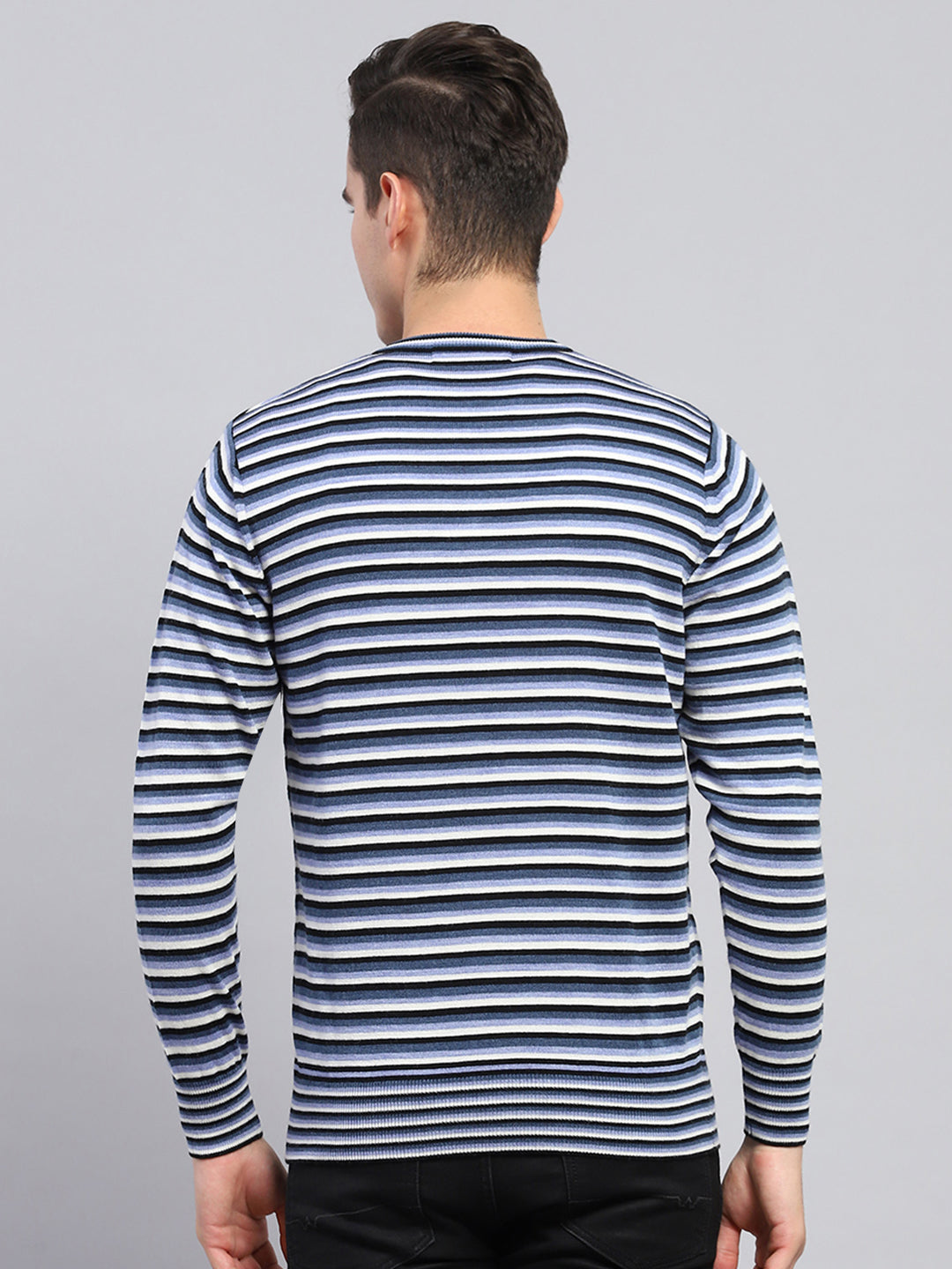 Men Blue Stripe V Neck Full Sleeve Pullover