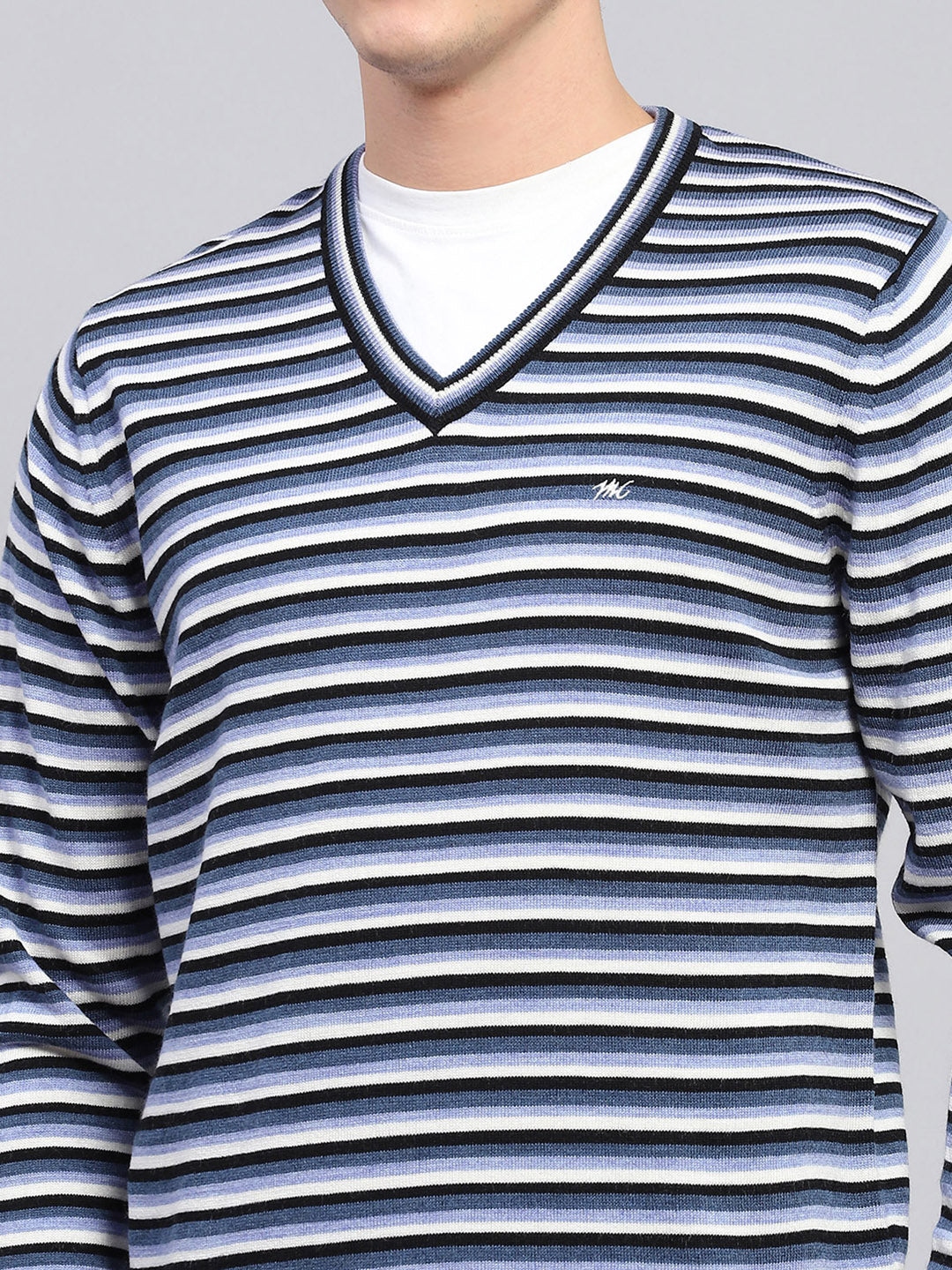 Men Blue Stripe V Neck Full Sleeve Pullover