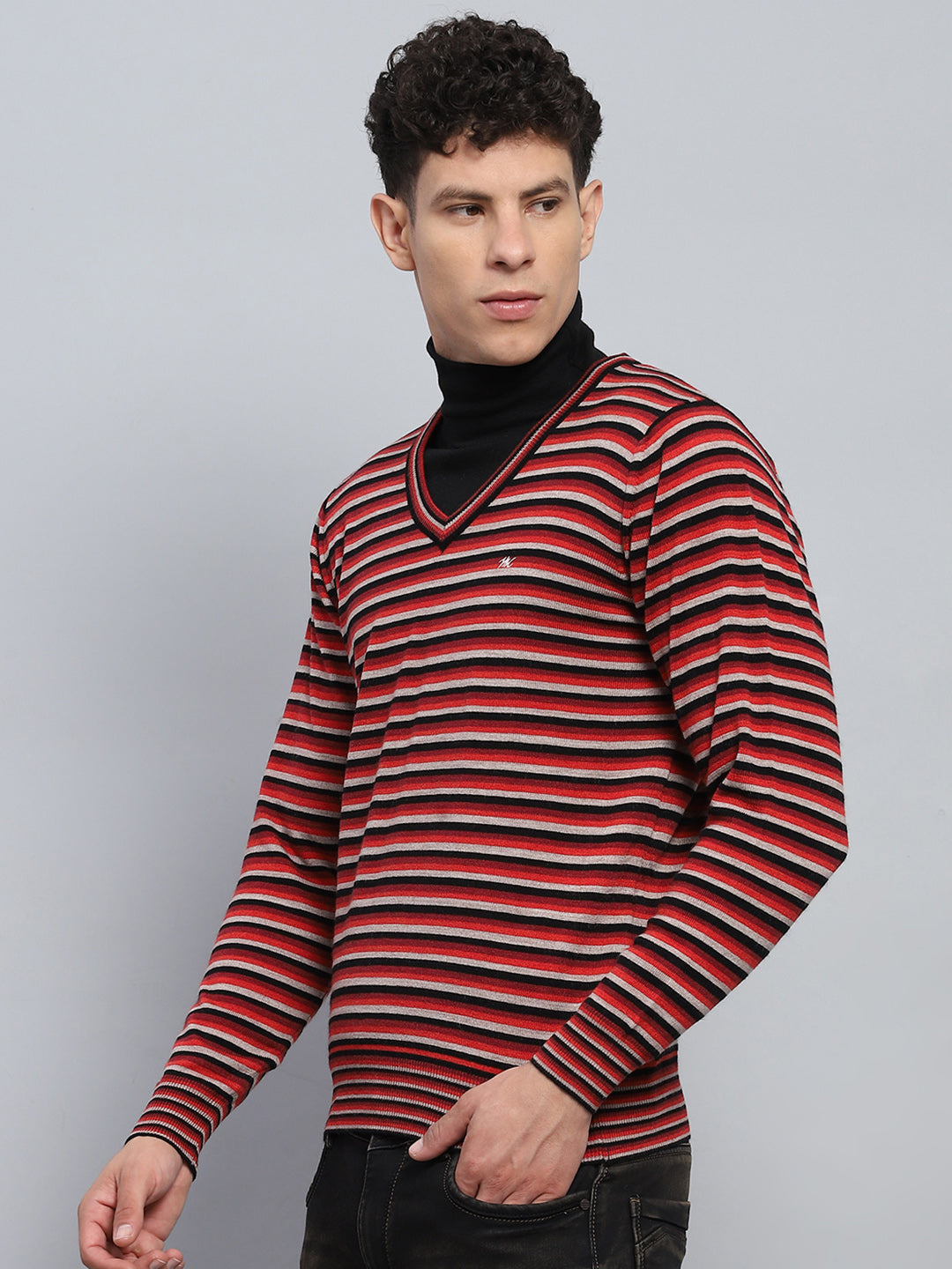 Men Red & Grey Stripe V Neck Full Sleeve Pullover