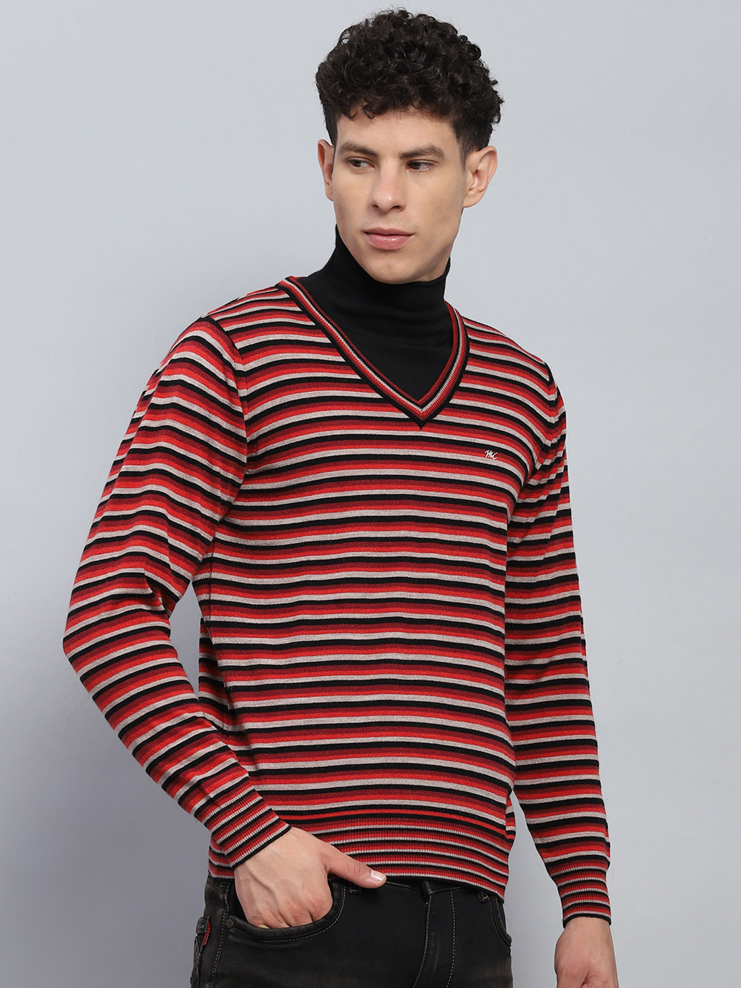 Men Red & Grey Stripe V Neck Full Sleeve Pullover