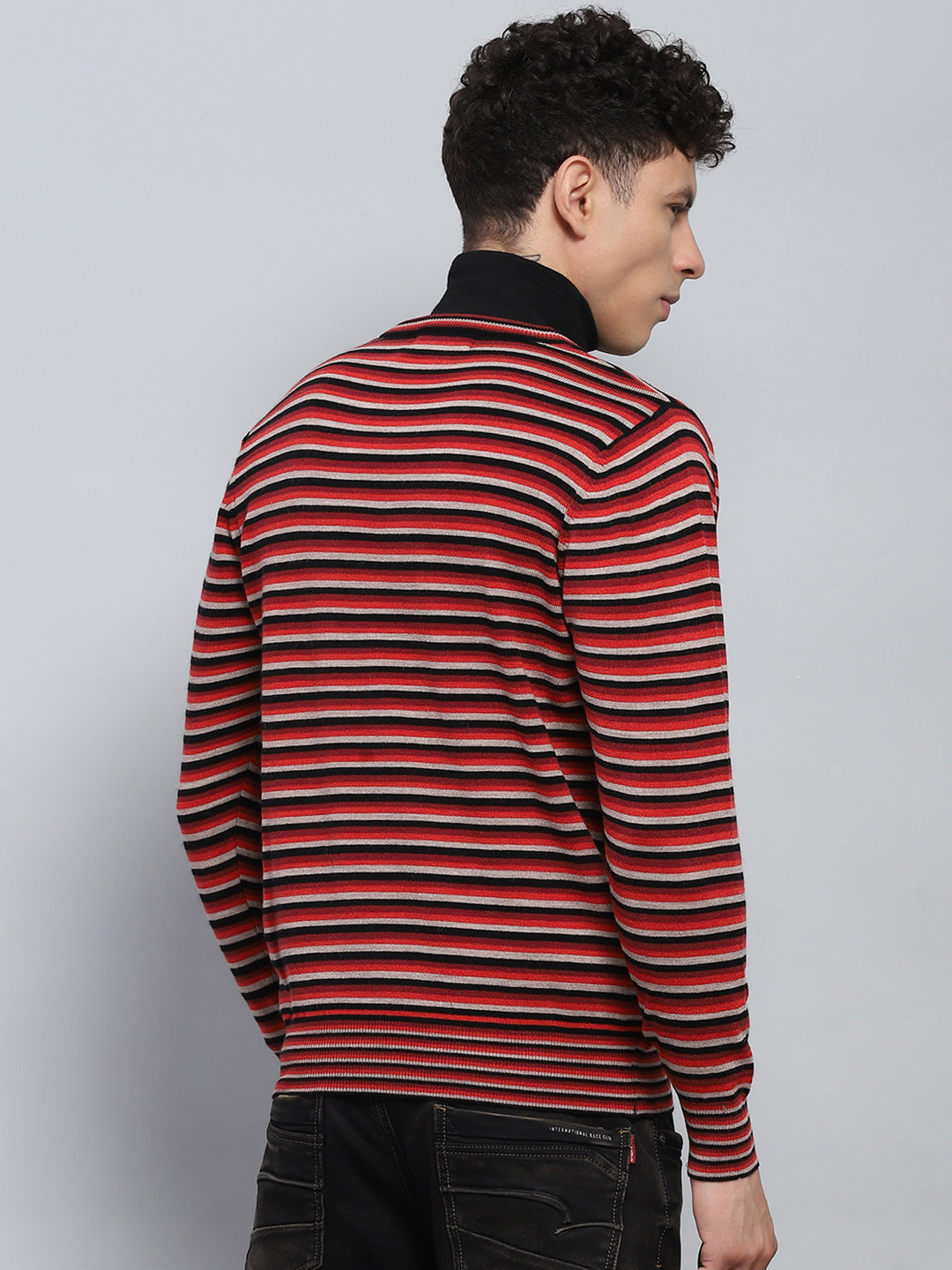 Men Red & Grey Stripe V Neck Full Sleeve Pullover