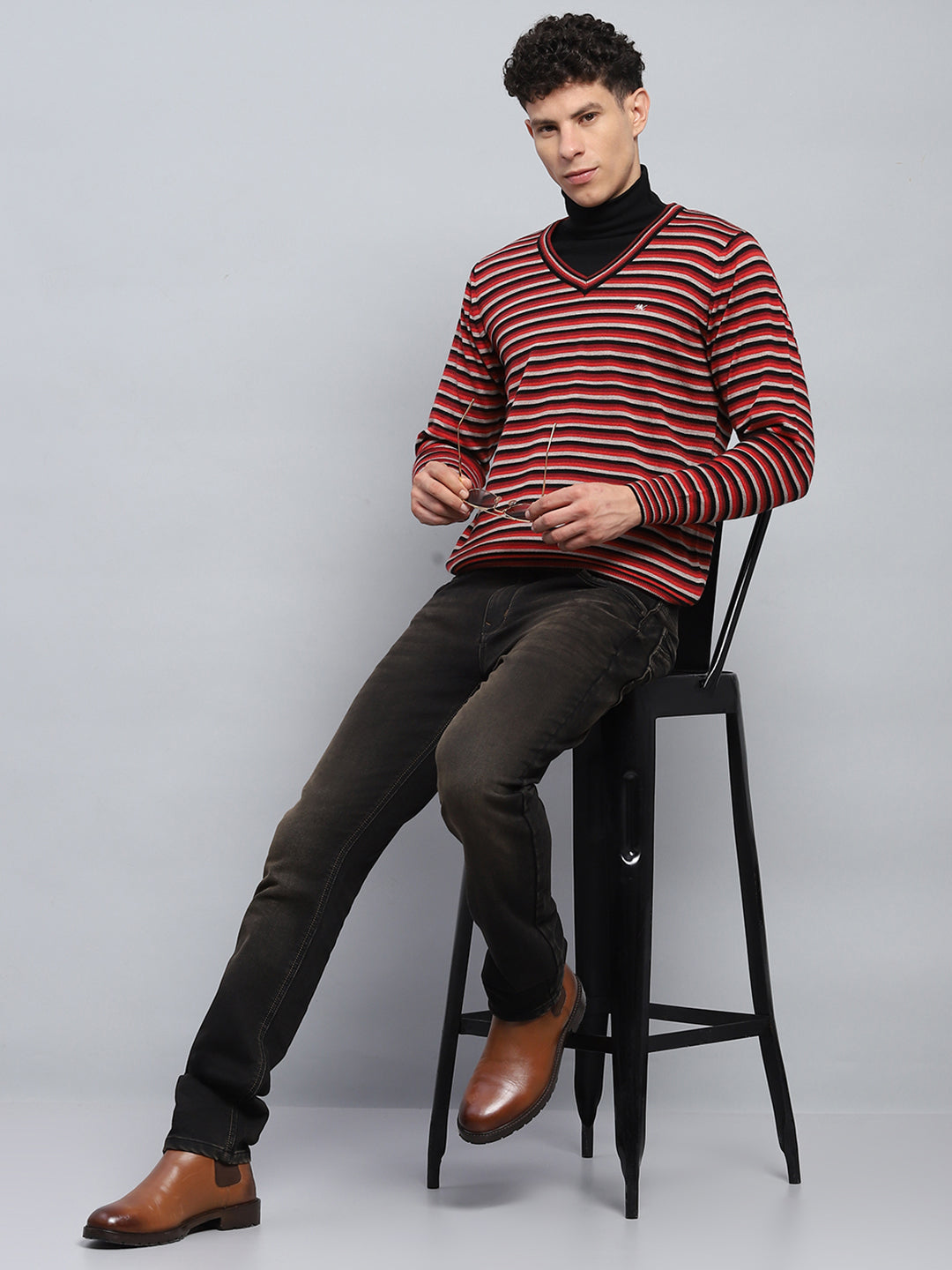 Men Red & Grey Stripe V Neck Full Sleeve Pullover