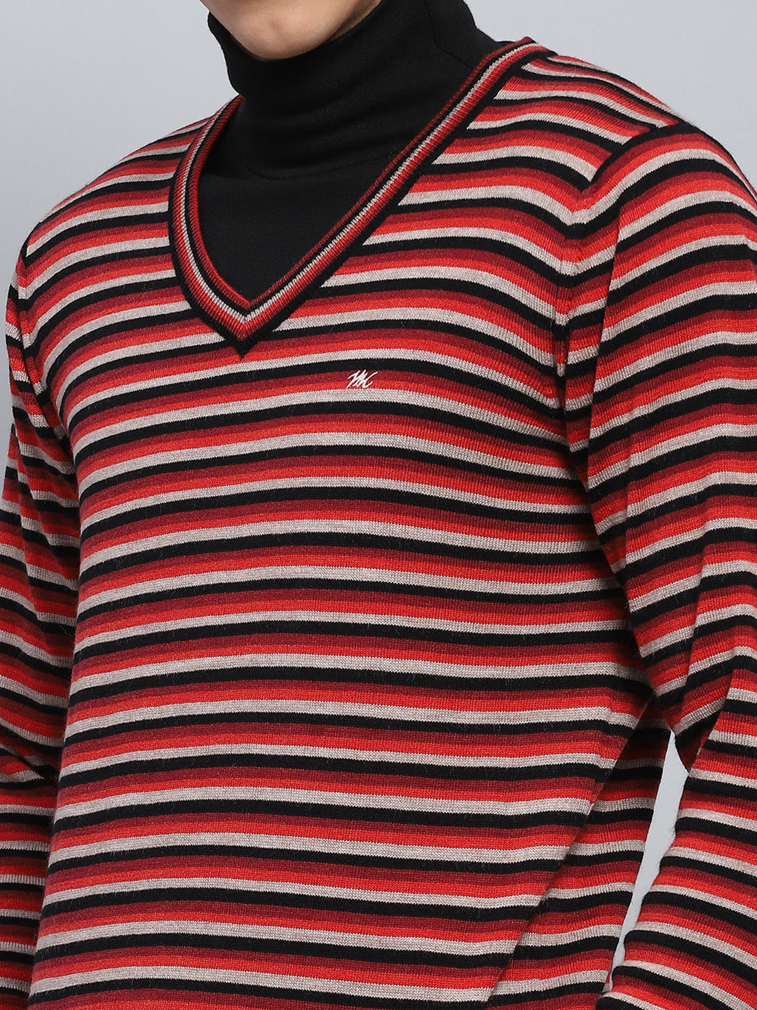 Men Red & Grey Stripe V Neck Full Sleeve Pullover