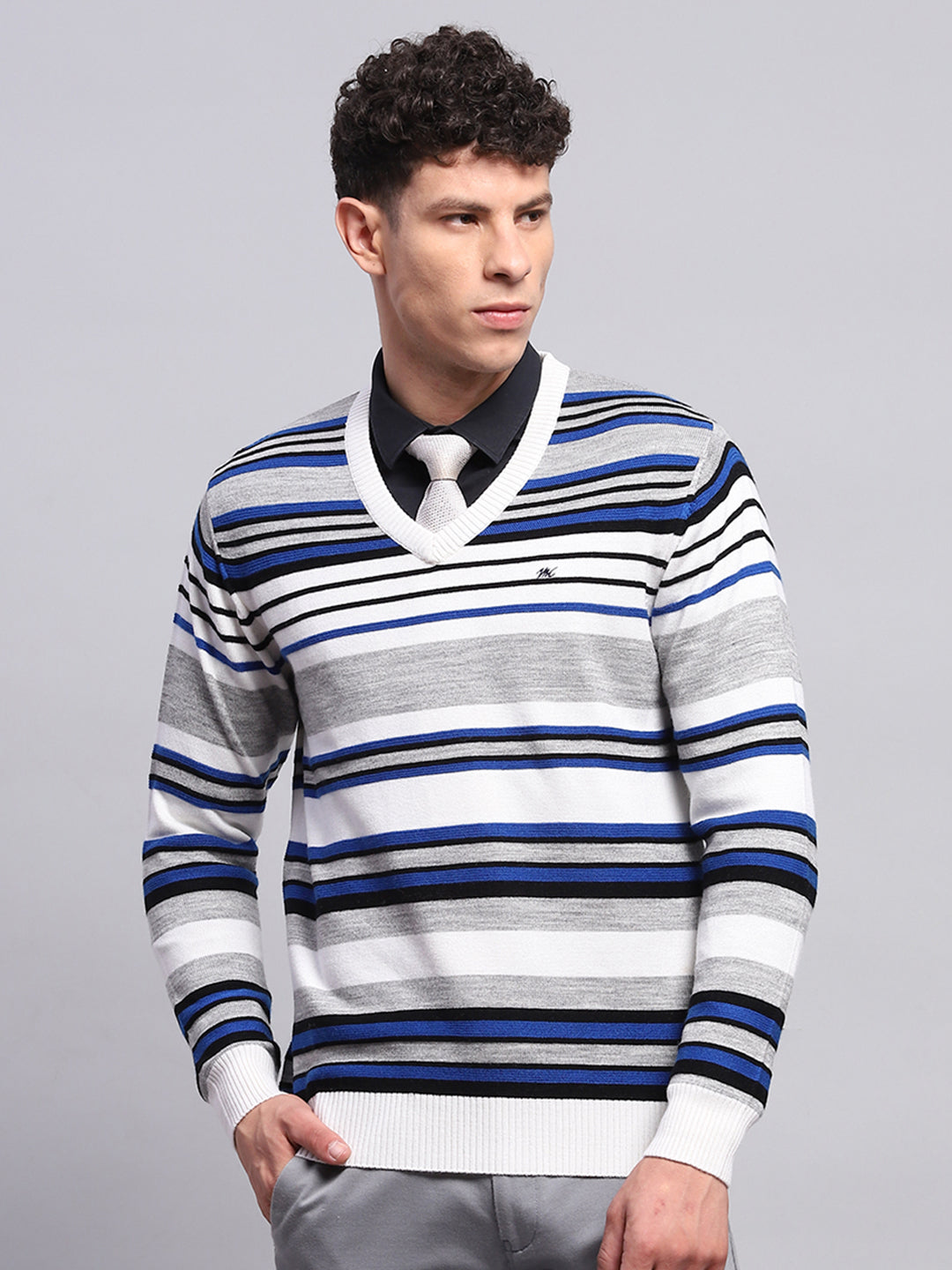 Men White & Blue Stripe V Neck Full Sleeve Pullover