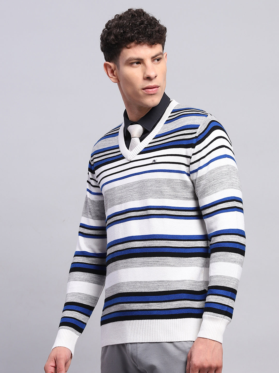 Men White & Blue Stripe V Neck Full Sleeve Pullover