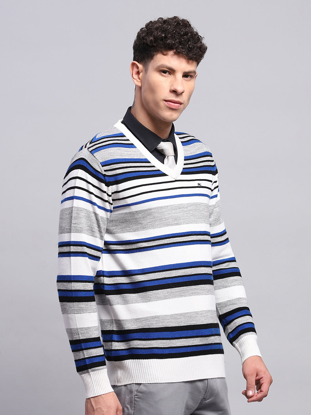 Men White & Blue Stripe V Neck Full Sleeve Pullover