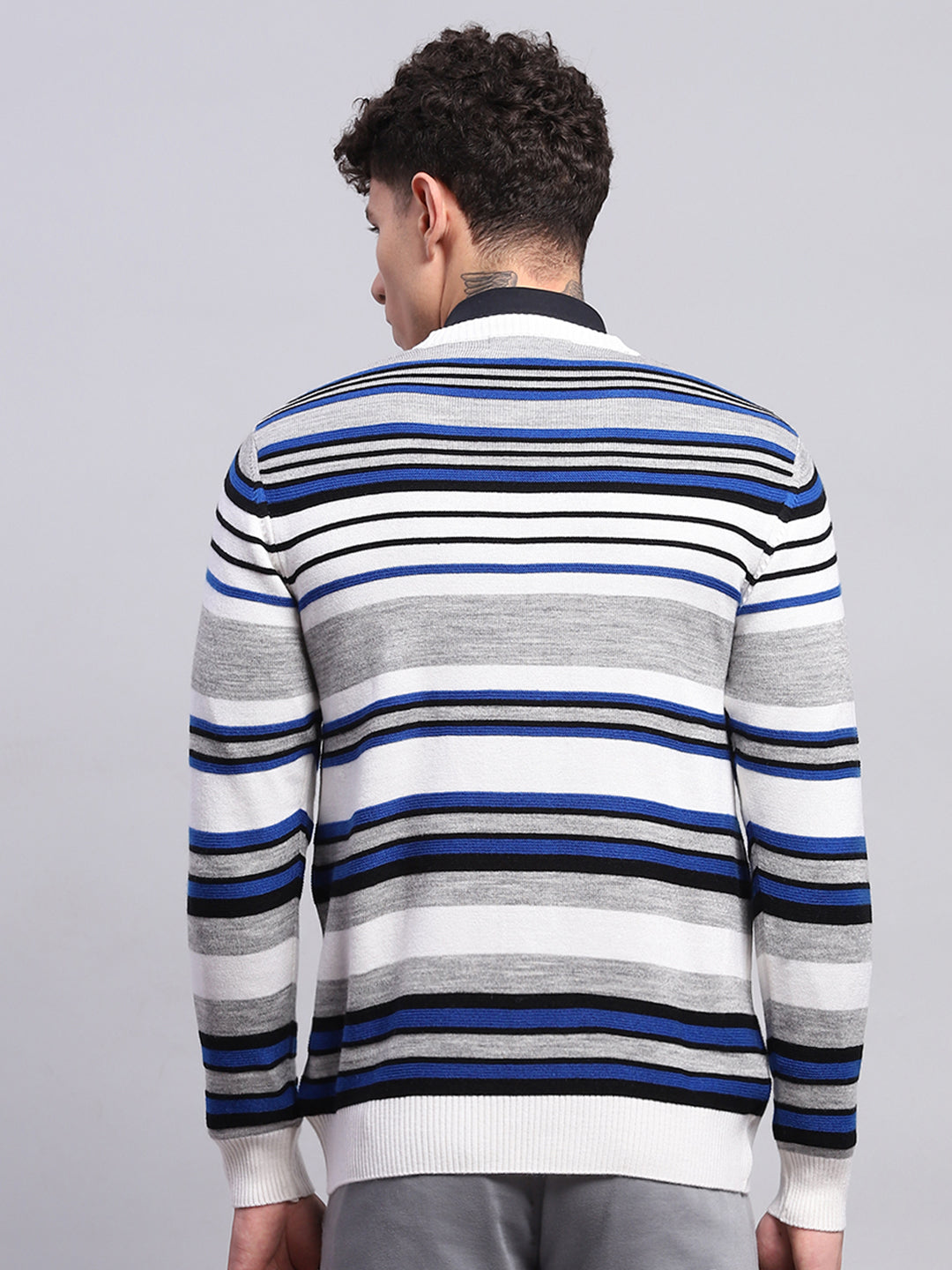 Men White & Blue Stripe V Neck Full Sleeve Pullover