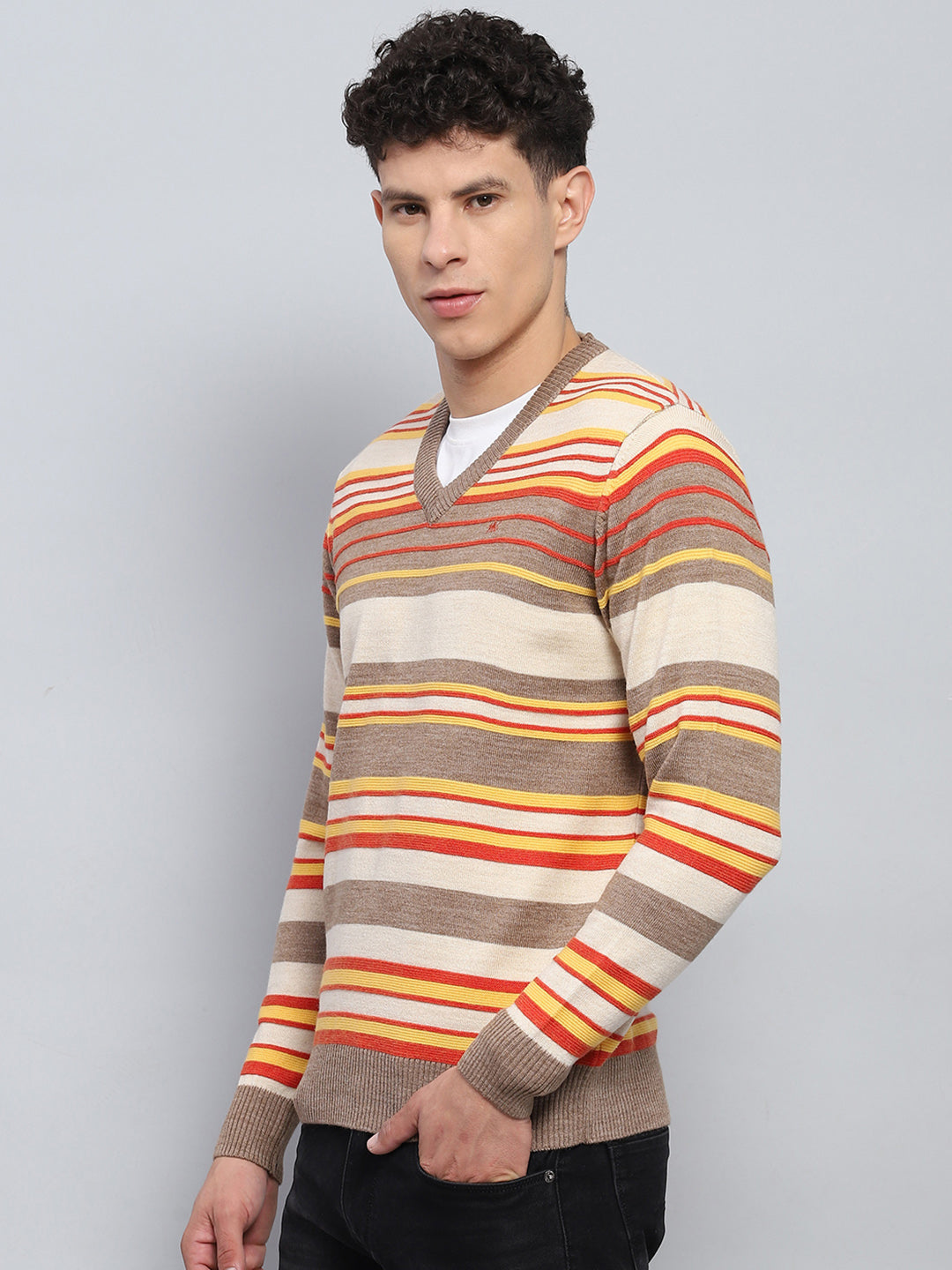 Men Multicolor Stripe V Neck Full Sleeve Pullover