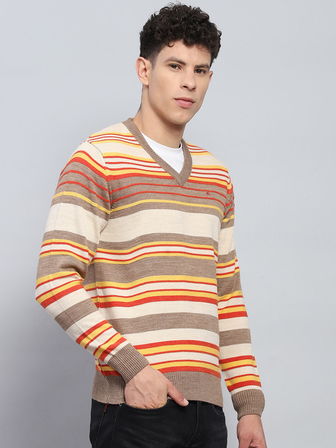 Men Multicolor Stripe V Neck Full Sleeve Pullover