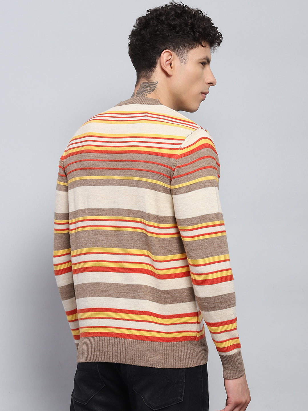 Men Multicolor Stripe V Neck Full Sleeve Pullover