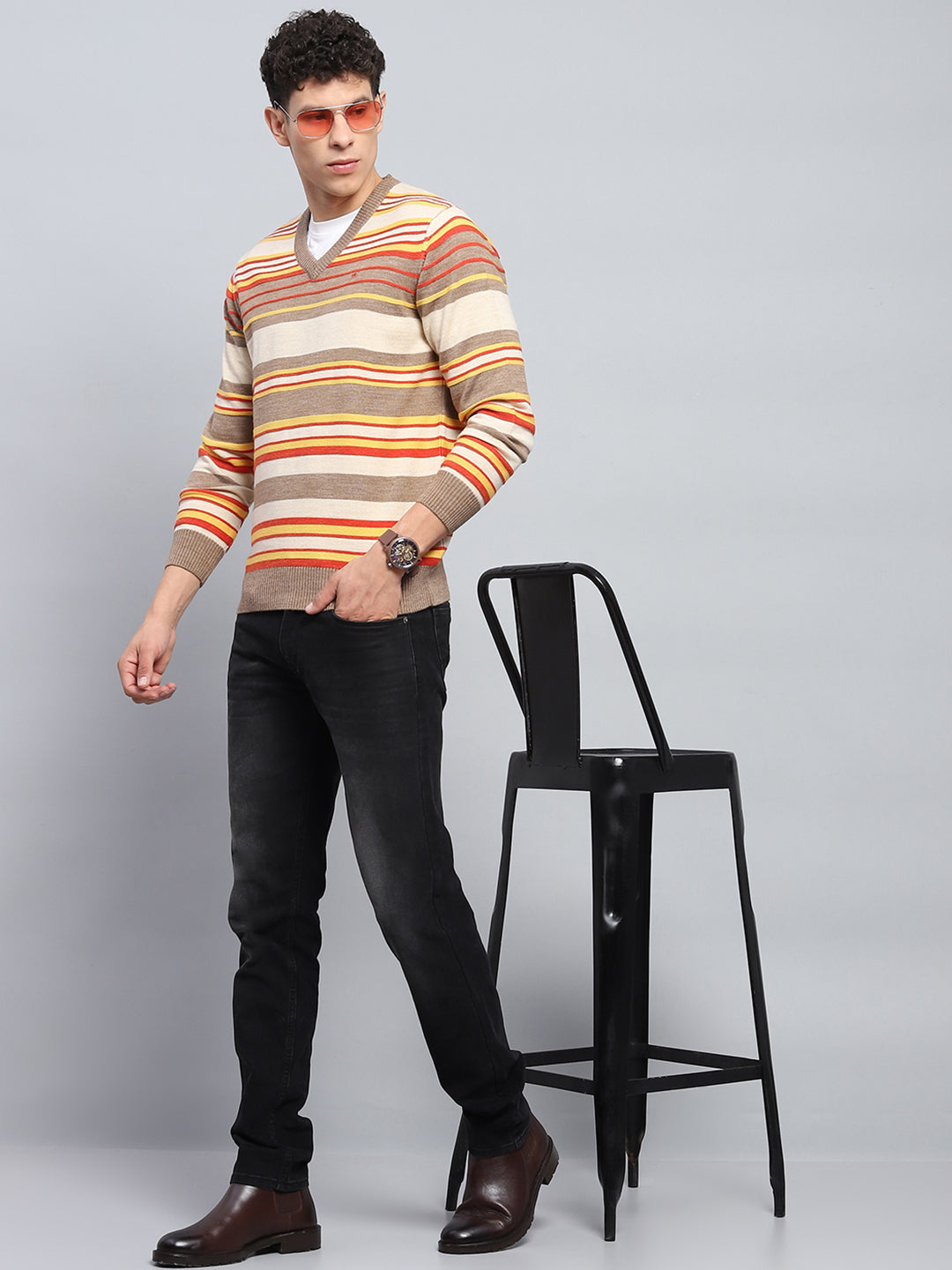 Men Multicolor Stripe V Neck Full Sleeve Pullover