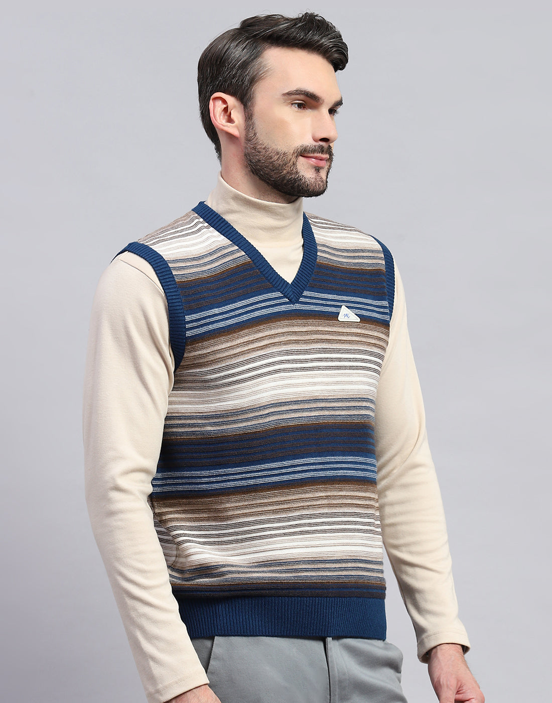 Men Blue Stripe V Neck Sleeveless Sweater