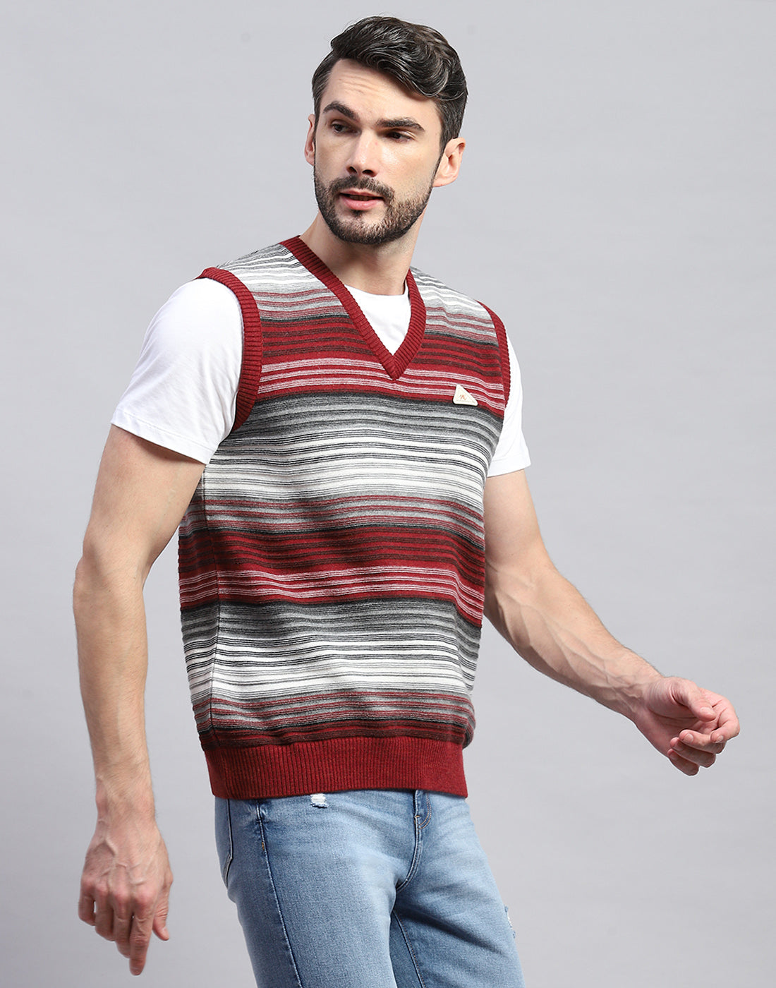 Men Red Stripe V Neck Sleeveless Sweater